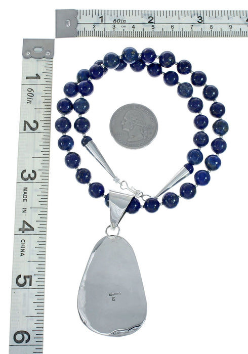 Navajo Sterling Silver And Lapis Bead Pendant Necklace Set X10689